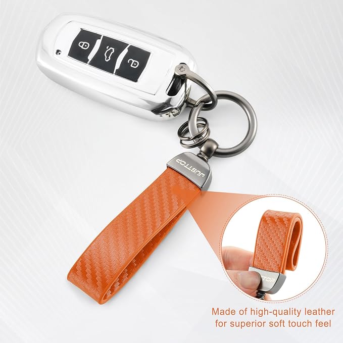 JUSTTOP Leather Keychain, Carbon Fiber Car Key Chain with Anti-Lost D-Ring and 2 Key Ring, Keychain Wristlet, Car Accessories, Universal Keychain for Men and Women (Orange)