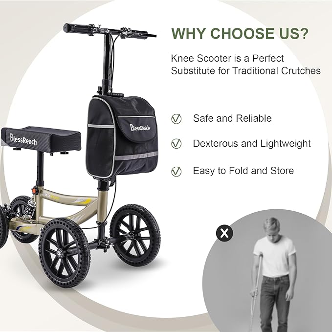 Knee Scooter, 300lbs Capacity, 13" Big PU Seat, Disc Brake Knee Walker, All Terrain Foldable Knee Scooter Walker with Bag for Foot Injuries Compact Crutches Alternative (Champagne)