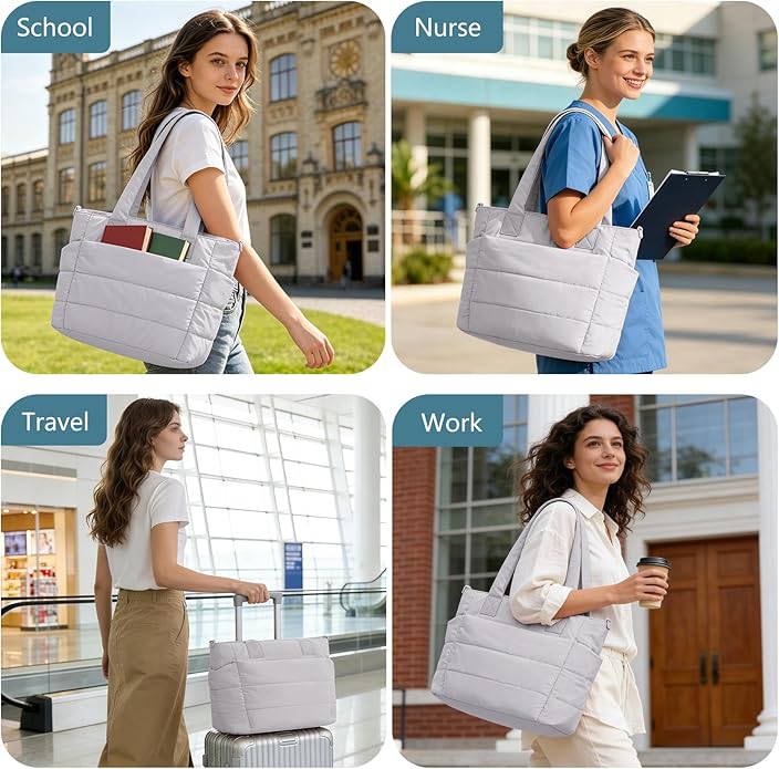 Puffer Tote Bag for Women Quilted Nurse Bag Lightweight Work Bag for Teacher Travel Handbag with Multiple Pockets