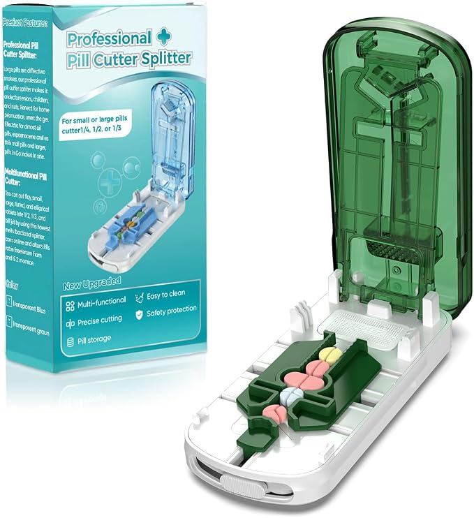 Professional Pill Cutter for Small Pills, 3-in-1 Pill Cutter Splitter for Small or Large Pills-Safely Cuts 1/2, 1/3, and 1/4 Multiple Pills Splitter, Adjustable Pill Cutter with Storage Box (Green)
