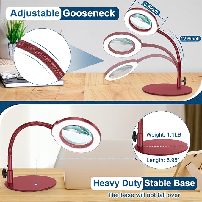 IVMAIE 12X Magnifying Glass with Light, Real Glass Lens, 5 Color Modes Dimmable, Flexible Gooseneck Lighted Magnifier with Stand, LED Desk Lamp Hands Free for Crafts Painting Reading Close Work, Red