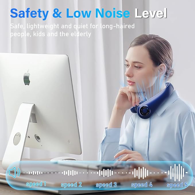 5000mAh Portable Neck Fan, [16H Long Lasting] Bladeless Personal Fan, 5 Speeds Wearable Fan for Neck, Ultra Quiet Rechargeable Cooling Fan for Travel, Outdoor, Hot Flashes, Golf, Office
