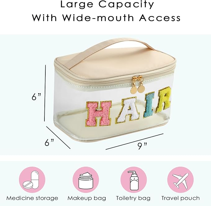 Personalized Chenille Letter Clear Hair Makeup Bag, Large Size Waterproof Nylon Cosmetic Toiletry Storage bag with Top Handle, Transparent Meds Hair Travel Organizer Cosmetic Bag(07Hair-Beige)