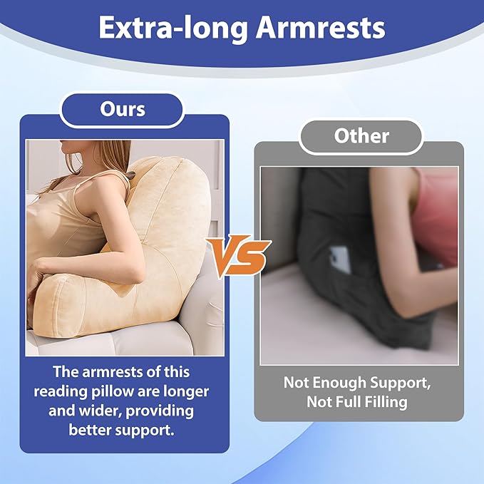 Reading Pillows for Sitting in Bed Adult, Back Pillow for Bed Sitting Up, Backrest Pillows with Shredded Foam for Adult&Teens, Support Pillow with Arms for Beds, Couch, Floor, 20in, Beige