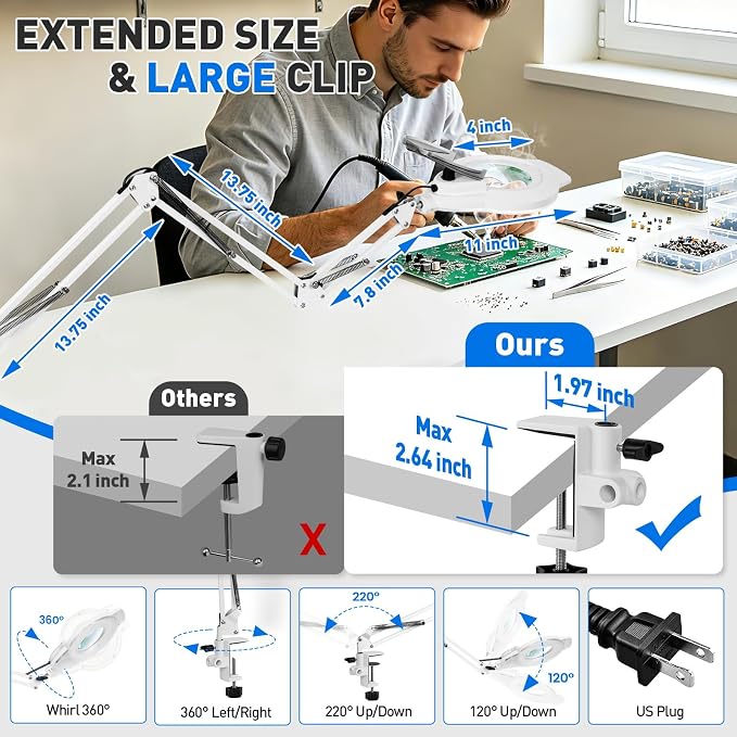 KIRKAS 12X LED Magnifying Lamp with Clamp, 2,200 Lumens Dimmable Bright | 35in Adjust Swivel Arm Magnifying Glass with Light for Repair Reading Craft Needlework Workbench Magnifier Dust Cover White