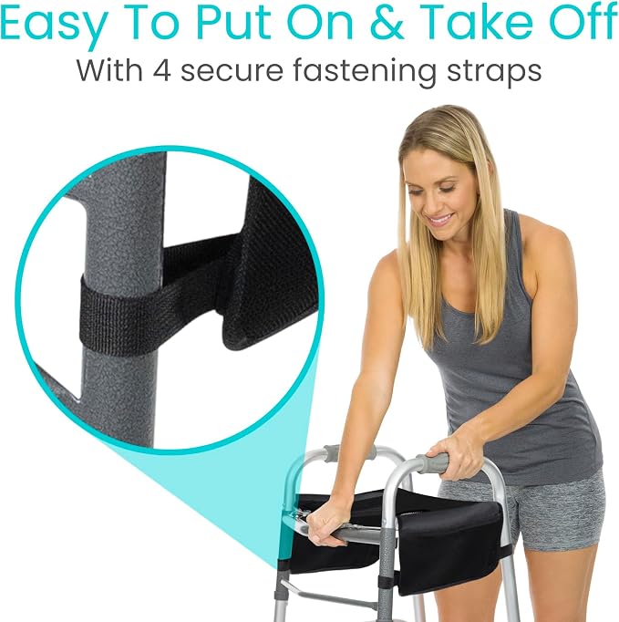 Vive Walker Tray for Folding Walker w/Cup Holder & Pockets - Removable | Adult Mobility Accessories - Fits Standard Walkers - Medical Table for Seniors Non Slip Mat for Food - Easy Assembly