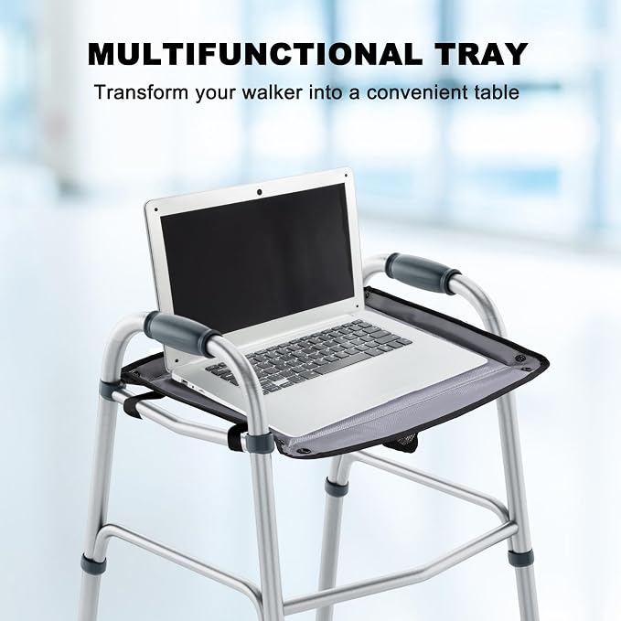 Walker Tray for Folding Walker with Cup Holder, Detachable Tray for Walker, Walker Accessories for Senior with Non-Slip Mat, Universal Fit for Meals, Drinks, Reading,Laptop (Black)