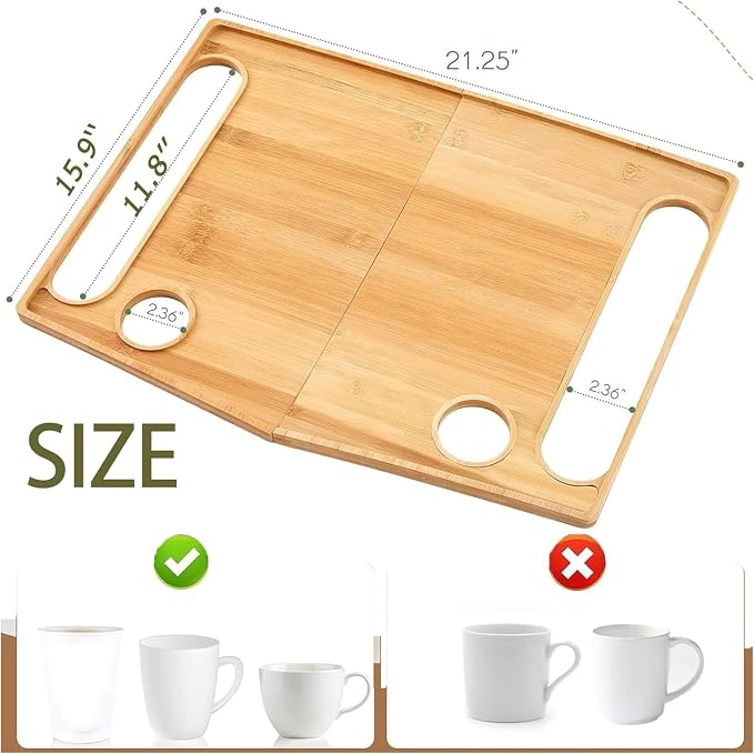 Walker Tray 21x15in Bamboo Table Cup Holder Folding | 21x15 inch bamboo walker tray, dual cup holders, strap for folding walker, raised lip anti-spill, portable