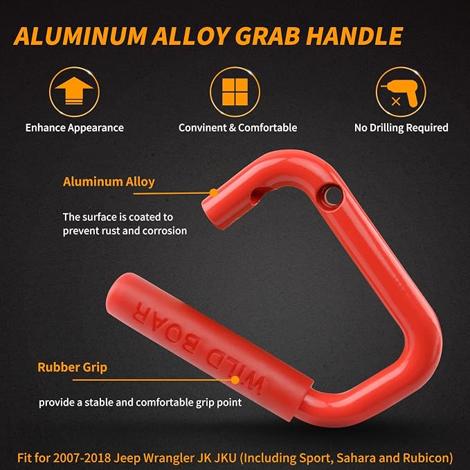 Front & Rear Grab Handle Kit Aluminum Alloy Grab Bar for 2007-2018 Jeep Wrangler JK JKU Rubicon Sport Sahara (Red)