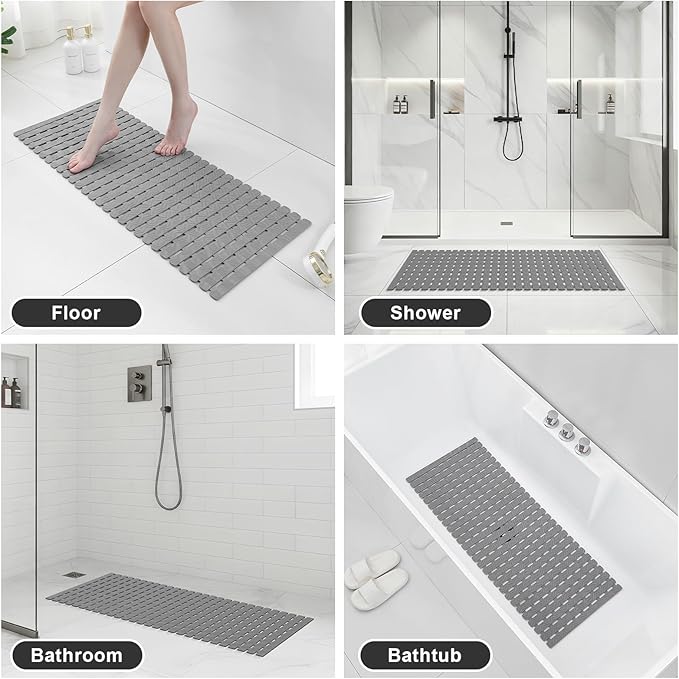 XIYUNTE Shower Mat Non Slip Bath Mat for Tub - 40 X 16 Inch PVC Bathtub Mat Non Slip Shower Mats for Inside Shower, Bath Tub Mat with Powerful Suction Cup, Easy to Cut and Dry, Grey