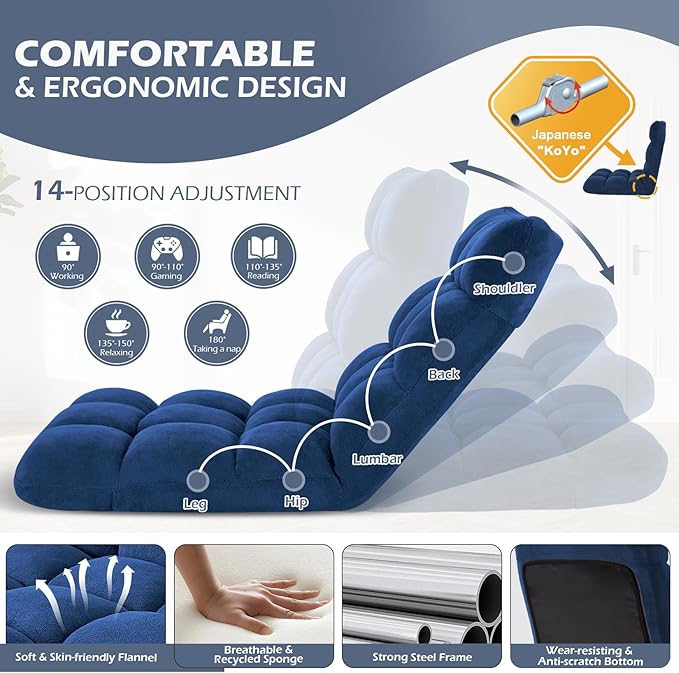 Folding Floor Gaming Chair 14-Poistion Cushioned Adjustable Floor Lazy Sofa Chair w/Breathable Cotton & Skin-Friendly Velvet for Adults & Kids Perfect for Reading Gaming Meditating, Darkblue
