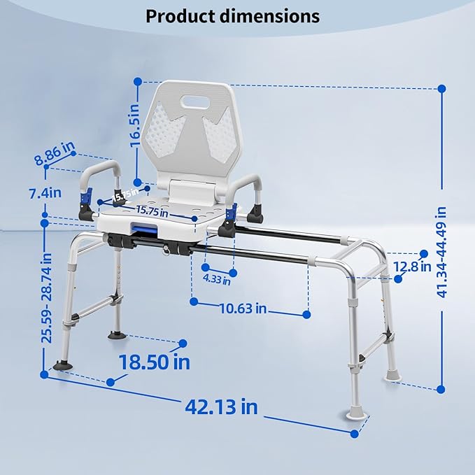 Sliding Shower Chair Swivel Tub Transfer Bench with Backrest with Non Slip Suction Cups 400lbs