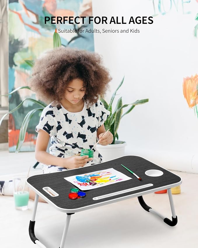 FISYOD Foldable Laptop Table, Portable Lap Desk Bed Table Tray, Laptop Stand with Cup Holder & Tablet Slot & Lifting Handle for Working Writing Drawing & Eating (Black)