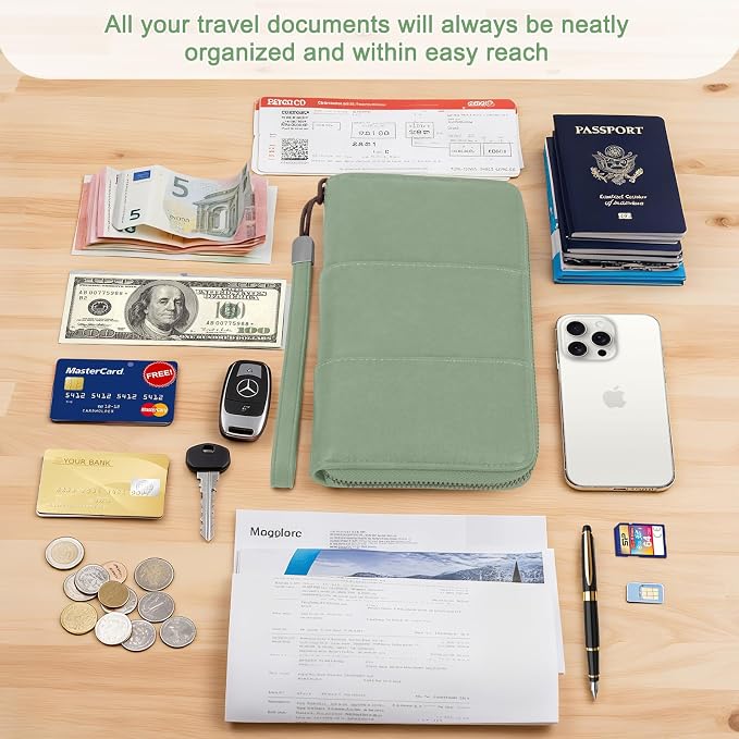 RFID Family Passport Holder Wallet - Travel Document Organizer | PU Leather, with Wristlet, Zipper, Cards, Boarding Pass, ID, Cash, Ticket Pockets,Travel Essentials Gifts for Women Men