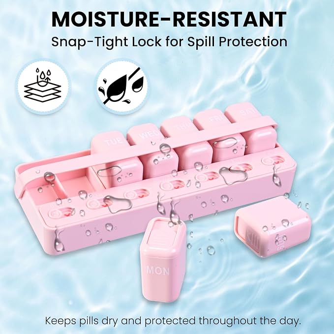 Weekly Pill Organizer with Taken/Untaken Tracker, 7 Day Daily Pill Box for Vitamins Medication Supplements, Large Compartments, Easy Open Leak-Proof Portable Travel Pill Container, BPA Free,Pink