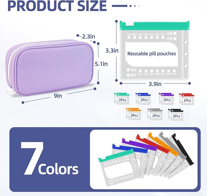 Weekly Pill Organizer 2 Times a Day – Timueetech A6 Waterproof 14 Pouch Bags for Travel, BPA-Free Medication Storage with Labels & Self-Sealing for Vitamins & Supplements, Purple