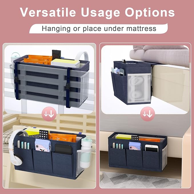 Bedside Caddy Storage Organizer for Bed Rails, Bed Caddy with 6 Pockets | Bedside Organizer with Fixed Straps and Hooks, Mattress Supported Versatile for Home, Dorm, Bunk, Hospital and Crib Bed