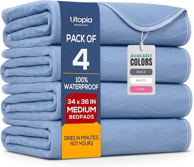 Utopia Bedding Washable Underpads 34" x 36" (Pack of 4), Waterproof Reusable Heavy Absorbency Incontinence Bed Pads for Adults, Kids, Elderly and Pets, Bedwetting Pads for Sofa and Couch (Blue)