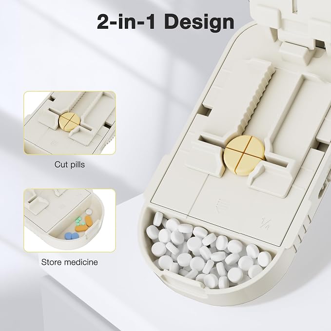 Sukuos Pill Cutter 1/4 & 1/2 – Tablet Splitter with Stainless Steel Blade, Precise Cut for Small/Large Pills, Vitamins, Supplements, Medications, Portable & Sleek, Off-White