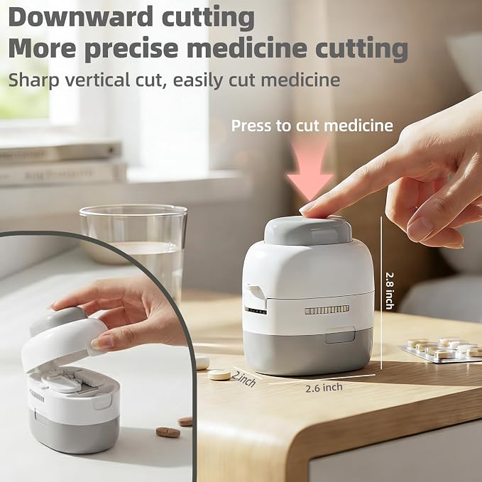 Pill Cutter Splitter with Storage Box, Adjustable Vertical Press Pill Splitter for Small/Tiny Pills Vitamins Tablets, 1/2 & 1/4 Precise Cutting, Hidden Sharp Blade, Multi-Pill Cutting(Off-White)