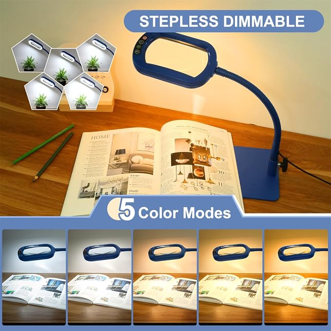 Veemagni 12X Rectangle Magnifying Glass with Light and Stand, Flexible Gooseneck LED Lighted Desk Lamp, 5 Color Modes Stepless Dimmable, Hands Free Magnifier for Reading Painting Close Work - Blue