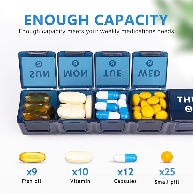 2-Pack Weekly Large Pill Organizer for Travel, 7 Day Pill Boxes and Organizer, Big Compartments Pill Case AM PM,14 Day XL Medication Organizer Dispenser for Fish Oils, Vitamin Holder Supplement