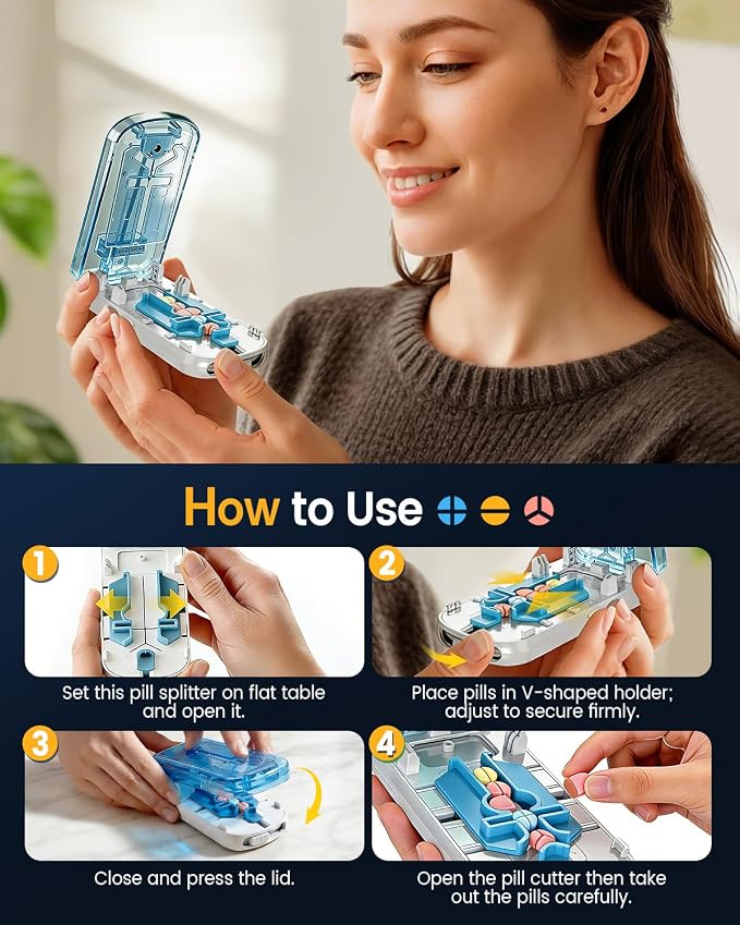 Professional Pill Cutter for Small Pills, 3-in-1 Pill Cutter Splitter for Small or Large Pills-Safely Cuts 1/2, 1/3, and 1/4 Multiple Pills Splitter, Adjustable Pill Cutter with Storage (White Blue)