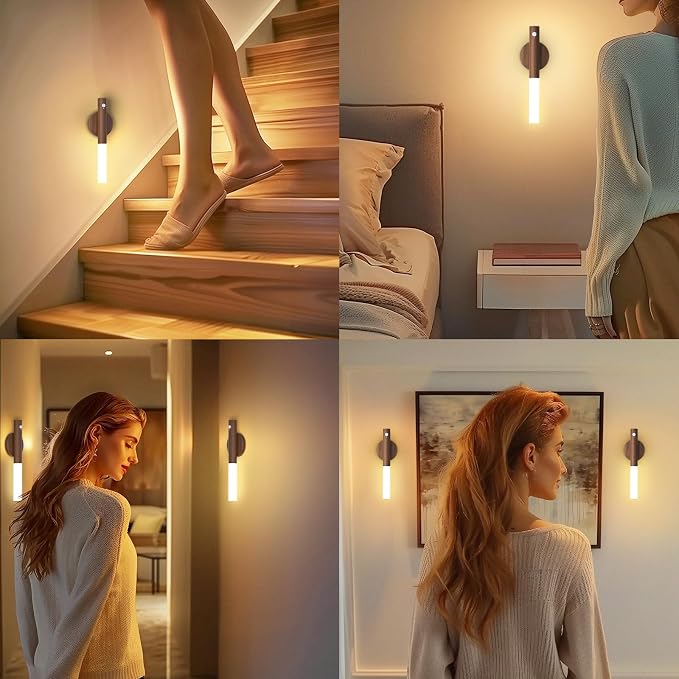Wooden Motion Sensor Lights Indoor - Magnet Body Hallway Rechargeable LED Wireless Battery Operated Wall Sconce, Portable Decor Torch Night Lighting for Bedroom (Walnut Wood 2PCS) | Battery operated wall lights magnetic night lights wooden wall decor f...