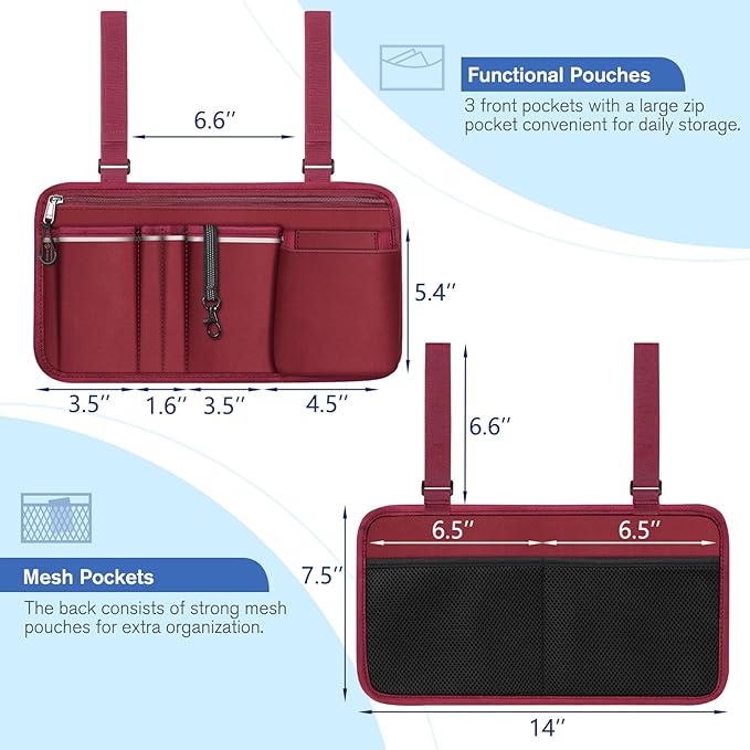 FINPAC Wheelchair Side Storage Bag w/Cup Holder, Wheelchair Armrest Accessories Pouch with Pen Slot and Reflective Strips for Power Walkers, Rollators, Seniors - Burgundy