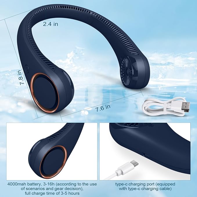 CIVPOWER Neck Fan: Portable Personal Neck Cooling Rechargeable Bladeless Fan - Hands Free 3 Speed 4000 mAh Battery USB Operated Wearable Headphone Design - Gift for Men Women Outdoor (Dark Blue)