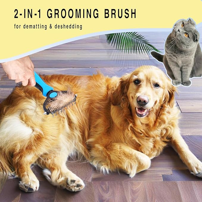 Pet Grooming Rake for Dogs & Cats - Double-Sided Deshedding and Dematting Tool, Gently Remove 95% of Loose Undercoat & Mats for Long-Haired Pets, Painless Fur Brush for Shedding Control (Blue)