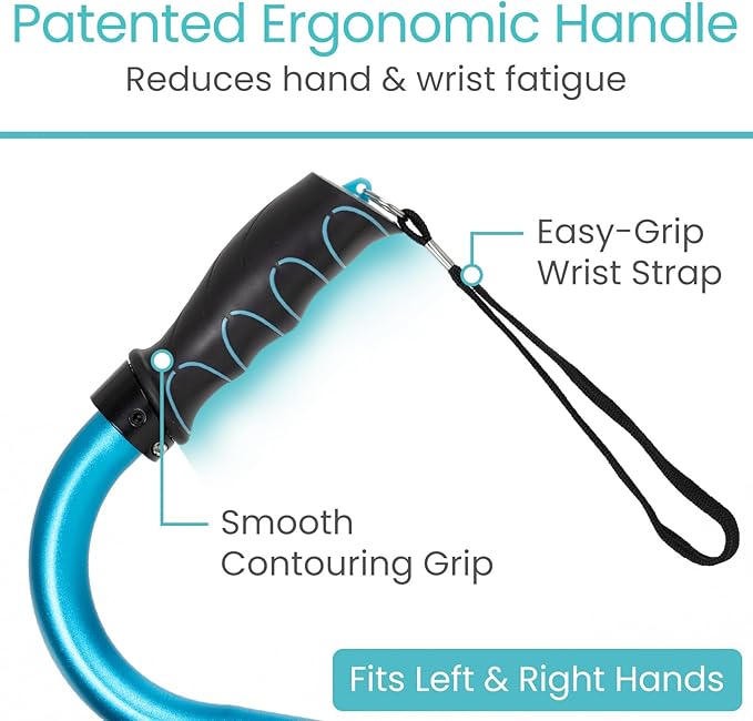 Vive Quad Cane - Walking Stick for Men and Women - Lightweight Adjustable Staff - Comfortable Right and Left Hand Grip for Stability Support - Four Prong Sturdy Aluminum Travel Aid - 4 Tip Blue