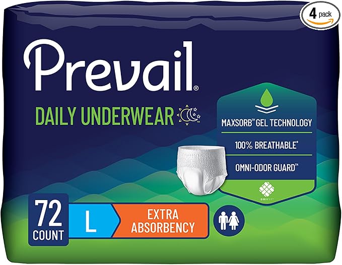 Prevail Daily Protective Underwear - Unisex Adult Incontinence Underwear - Disposable Adult Diaper for Men & Women - Maximum Absorbency - Large - 18 Count (Pack of 4)