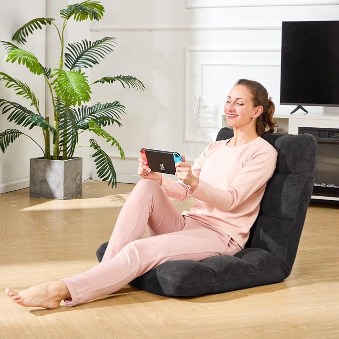 Folding Floor Gaming Chair, 14-Position Adjustable Backrest, Skin-Friendly Flannel & Aluminum Alloy Frame, Ideal for Reading, Gaming, Sleeping, Black
