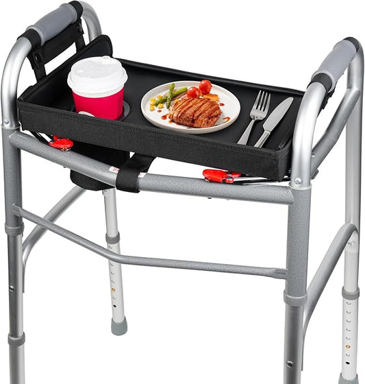 Walker Tray for Folding Walkers with Cup Holder, Adjustable Walker Tray Table Fits Most Standard Walkers, Non-Slip & Easy-Clean Leather Surface, Removable & Easy Assembly