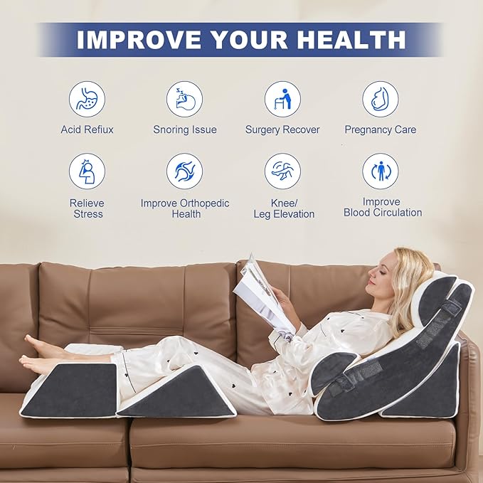 6PCS Multi-Functional Bed Wedge Pillow Kit - 7-in-1 Orthopedic Support for Back/Neck/Legs, Post Surgery Recovery & Sitting Up in Bed, Post Surgery Foam for Body, White Grey