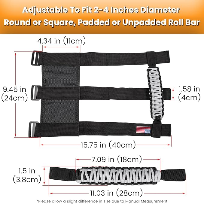 Roll Bar Grab Handles Grip Handle for Jeep Wrangler JK JKU JL JLU TJ YJ Sport Sahara Freedom Rubicon Unlimited Gladiator JT 1955-2023 UTV ATV Accessories Premium Paracord US Flag (Gray 2 Pack)