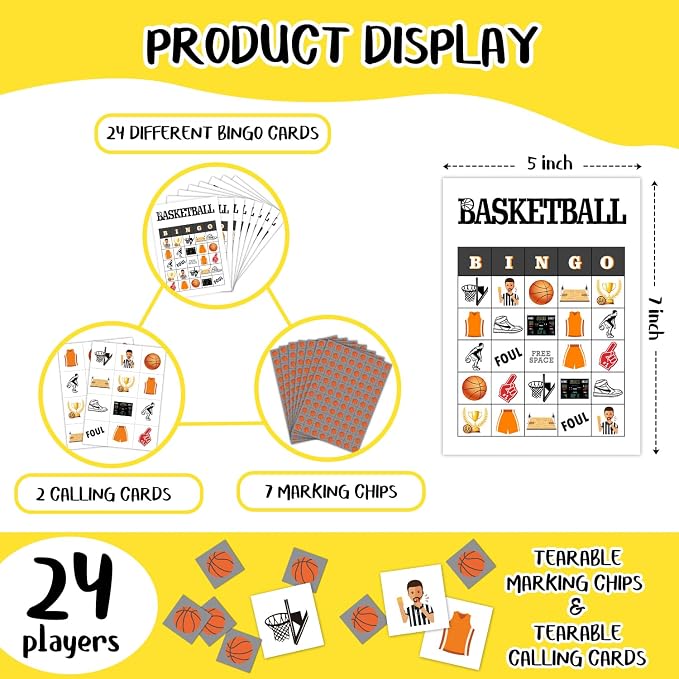 Basketball Bingo Cards, 24 Player Basketball Party Bingo Game for Family Adult, Sport Party Favor, Large Group Party Celebration Activity -09