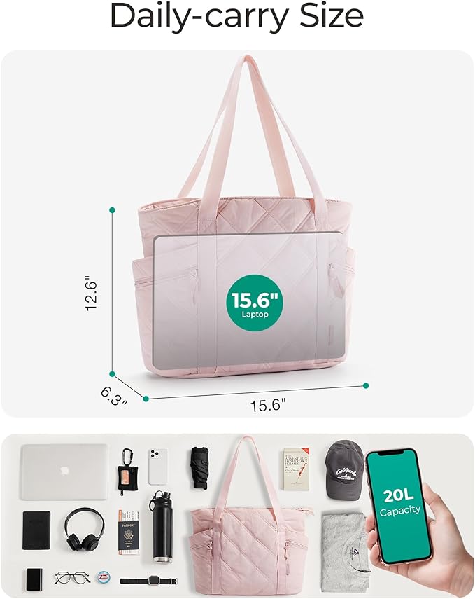 BAGSMART Crush Tote Bag for Women, 20L Puffer Work Tote with Zipper | Quilted Nurse Hospital Bag For Travel College Gym
