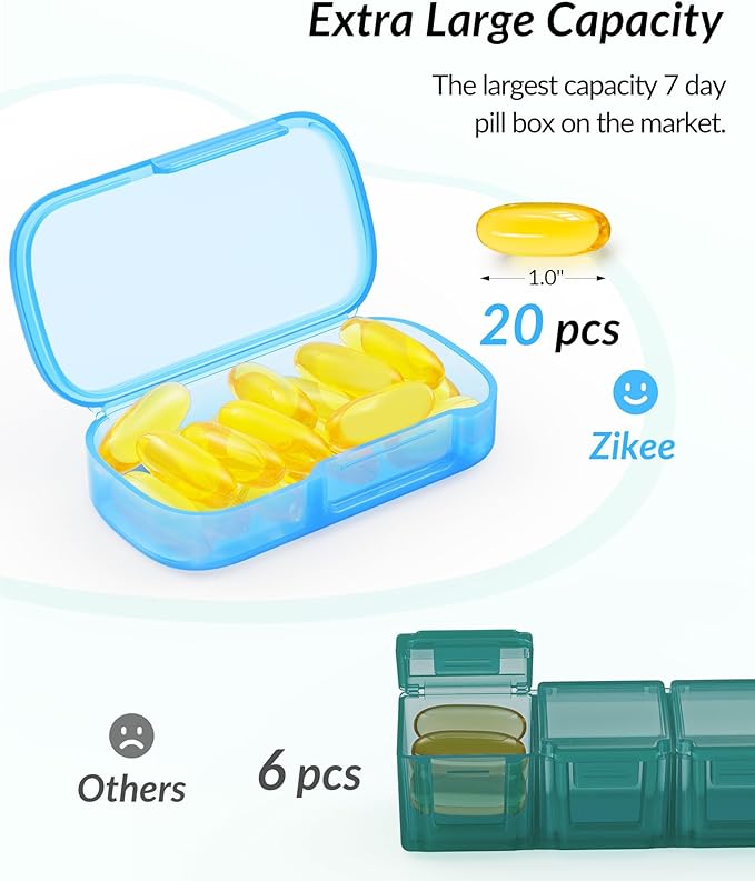ZIKEE 7 Packs Extra Large Pill Organizer, Portable Pill Box 7 Day for Pocket, Purse, Weekly Pill Case with Dual-Protection Design, Pill Container for Medication, Vitamin, Fish Oil, Supplement, Pink