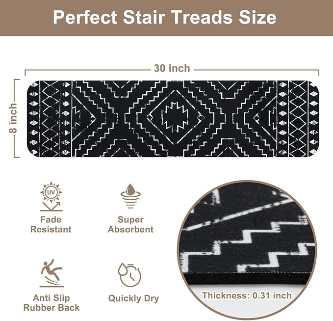 OJIA Boho Stair Treads Non-Slip Stair Runners for Wooden Steps 15PC 30"x8" | Indoor Washable Carpet Stair Treads Stair Mats Staircase Step Treads for Kids, Elders and Dogs, Stair Covers, Black