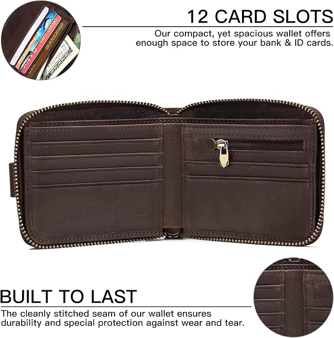 GOIACII Zipper Wallet for Men Genuine Leather RFID Blocking Mens Wallet with Zipper Coin Pocket ID Window Zipper Wallets Large Capacity