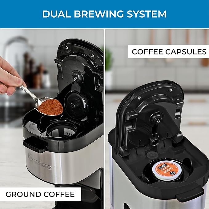 Kenmore Single Serve Coffee Maker With Stainless Steel Travel Mug, Capsule/Pod & Ground Coffee Brewing, K Cup Compatible, Hot & Iced Coffee Machine, 6 to 14 Oz Brew Sizes, Auto Shut-Off, Black