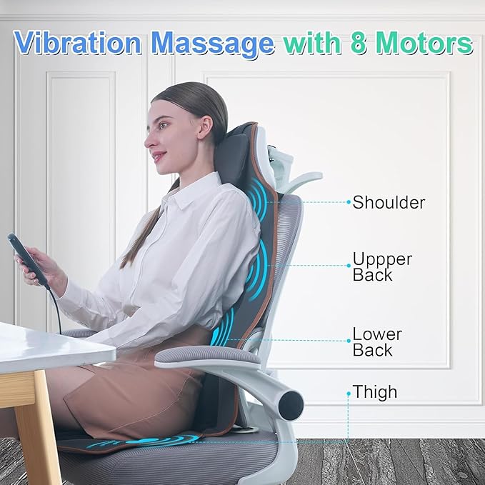 SLOTHMORE Back Massager for Chair, Heated Seat Cushion Massager with Neck Traction, Vibration Massage Pad for Full Body Massage for Office Chair, Home Use
