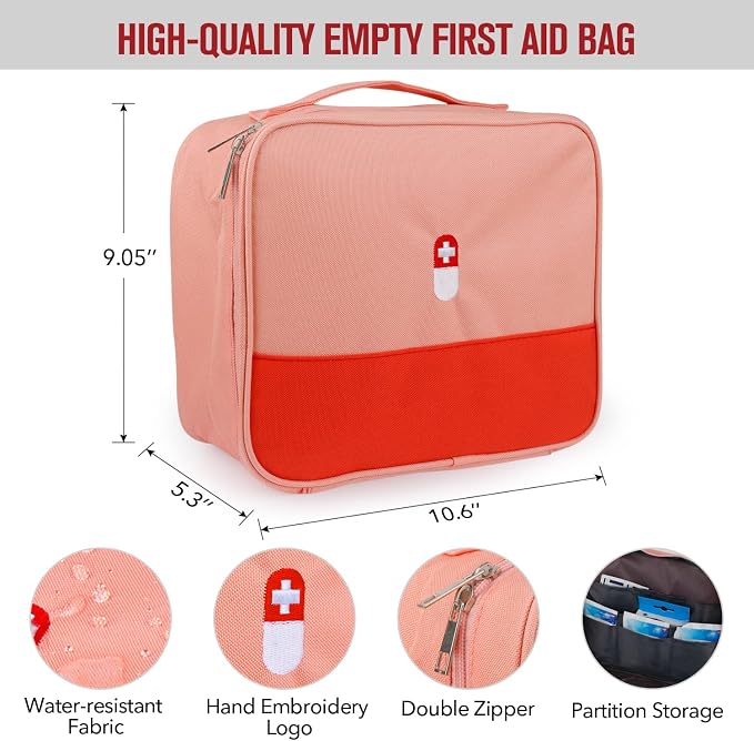 First Aid Bag, Empty Medical Supplies Organizer Bag Trauma Kit for Traveling Hiking Camping Backpacking Cycling, Pink