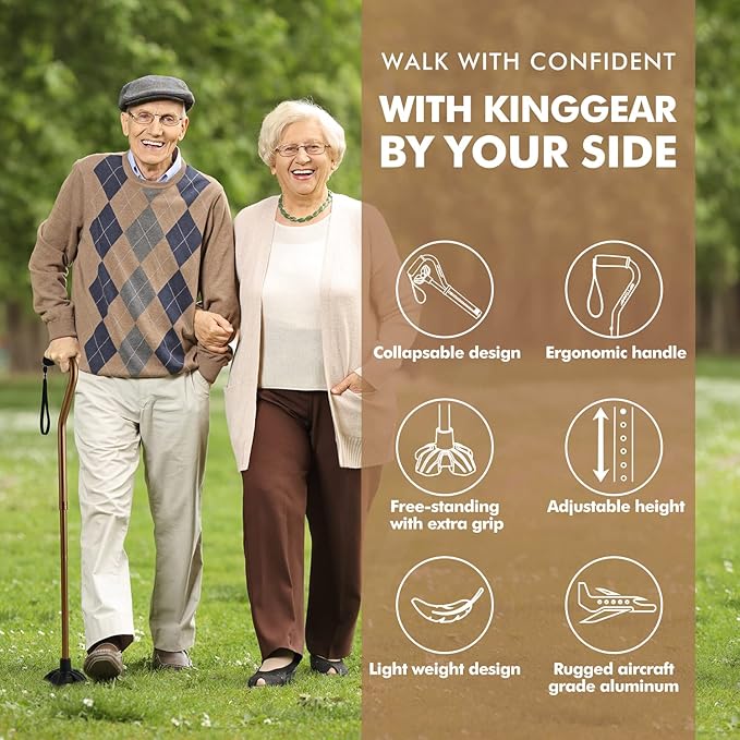GPTCAMP G1 Walking Stick, Walking Cane for Women & Men with Wrist Strap, Lightweight & Sturdy Offset EVA Handle, Large Quad Base, Self Standing for Seniors and People with Injuries & Recovery