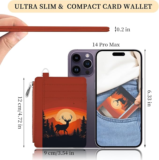 Hancynir Sunset Deer Slim Wallet Women Credit Card Holder, Small RFID | Zipper Pocket Wallet, Thin Travel Coin Purse, PU Leather, Minimalist Card Case, 6 Card Slots, ID Window, Ladies Women Gifts