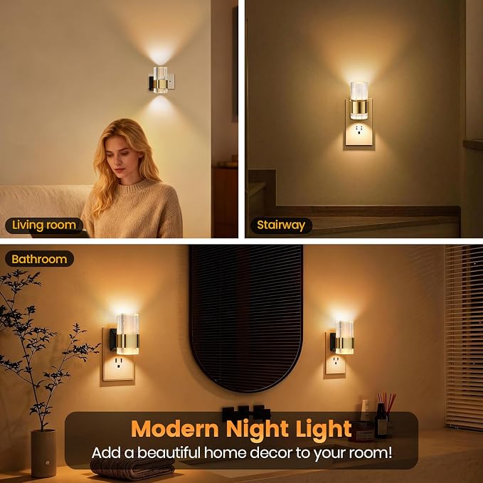 Night Lights Plug into Wall, Dimmable LED Night Light [1-Pack], Acrylic Dusk to Dawn Sensor Nightlight, Adjustable Wall Lights for Bathroom, Hallway, 3000K Warm White
