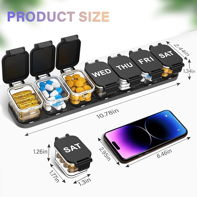 2-Pack Extra Large Weekly Pill Organizer, Travel Pill Box 7 Days, XL Vitamin Holder with 7 Detachable Compartments, Protable Medicine Organizer for Supplements
