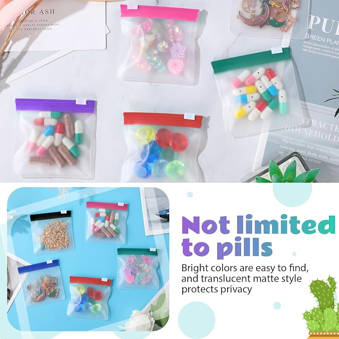 Sherr 35 Pcs Pill Pouch Bags with Zipper Pill Pouch Set Travel Reusable Translucent Medicine Organizer Self Sealing Plastic Bag with Slide Lock for Storage(Classic Colors,3 x 3 Inch,Blank Style)